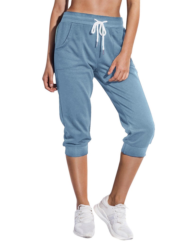 SPECIALMAGIC Women's Capri Joggers Cropped Sweatpants Running Pants Lounge Drawstring with Side Pockets Light Blue L - Image 1
